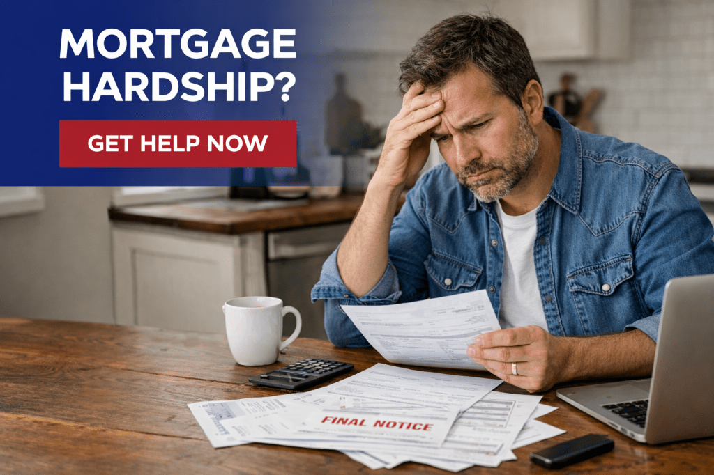 Man looking concerned while reading a final notice bill at a table with papers, calculator, and laptop.